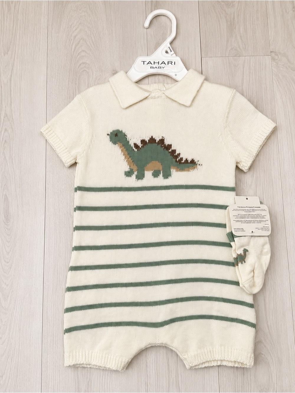 Tahari Cream & Green Dinosaur Knit Romper